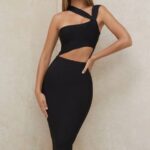 House of CB одећу 68JT593 аина црна миди хаљина са завојима