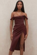 House of CB одећу 68JT594 рхода суво грожђе корсет хаљина са отвореним раменима - Image 9