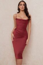 House of CB одећу 68JT599 ања вине сатен корсет миди хаљина