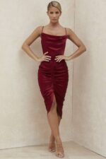House of CB одећу 68JT600 нера вине сатенска хаљина са корзетом - Image 14