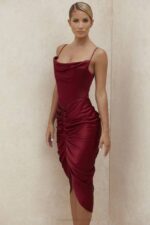 House of CB одећу 68JT600 нера вине сатенска хаљина са корзетом - Image 15