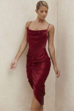 House of CB одећу 68JT600 нера вине сатенска хаљина са корзетом - Image 16