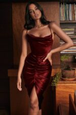 House of CB одећу 68JT600 нера вине сатенска хаљина са корзетом - Image 7