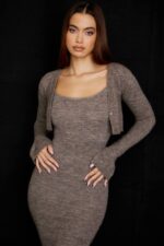 House of CB одећу 68JT732 андие браон лапор плетени скраћени кардиган - Image 9