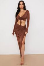 House of CB одећу 68JT749 ангелита чоколада сакупљена цроп топ - Image 8