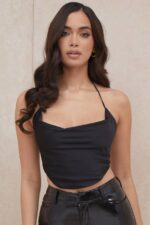 House of CB одећу 68JT773 црни сатенски горњи део са краватом - Image 7