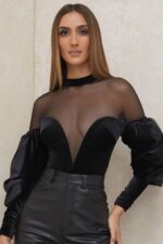 House of CB одећу 68JT775 моникуе боди од црног сомота и тила - Image 7