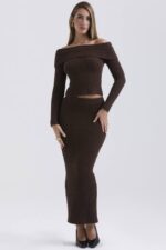 House of CB одећу 68JT829 слоане чоколадна мекана памучна макси сукња - Image 6