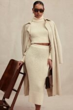 House of CB одећу 68JT831 мисхка крем софт боуцле плетена миди сукња - Image 6