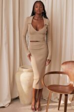 House of CB одећу 68JT884 хеатхер камил плетена миди сукња - Image 2